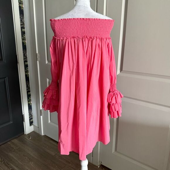 Gracia Barbiecore Bright Pink Ruched Off the Shoulder Mini dress Size M - Picture 3 of 5